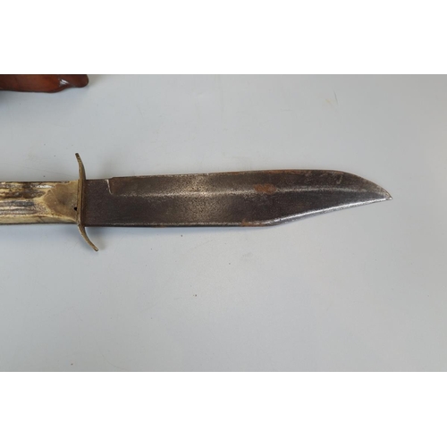 136 - Large original Bowie knife in sheath with horn handle