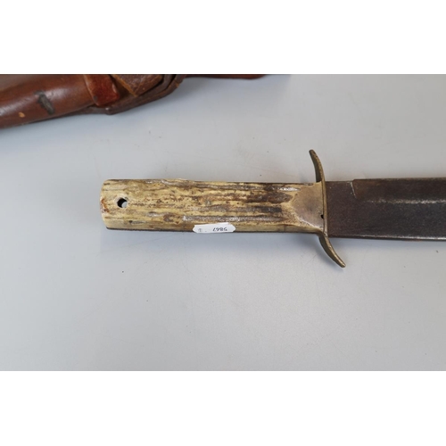 136 - Large original Bowie knife in sheath with horn handle