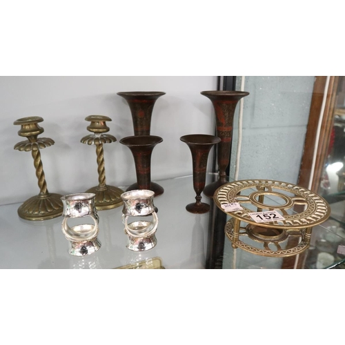 152 - Collection of metalware to include candlesticks