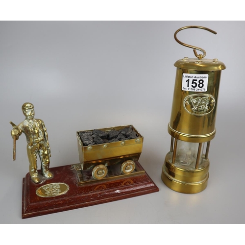 158 - Welsh brass miners lamp together with miner and coal cart figure