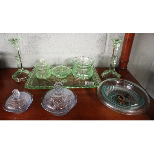 184 - Coloured glass dressing table set etc