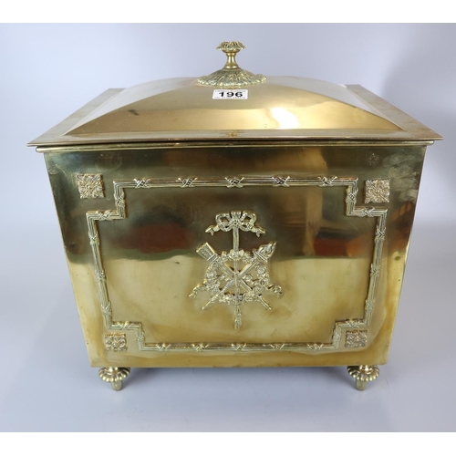 196 - Fine Victorian polished brass coal box and inner liner with crest to front