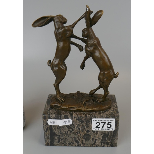 275 - Bronze boxing hares on marble - Approx height 24cm