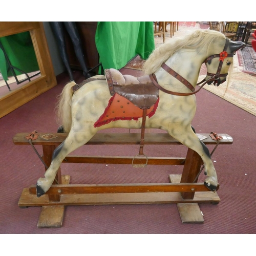 318 - Antique J Collinson and Sons of Liverpool hand carved wooden rocking horse with original saddle and ... 