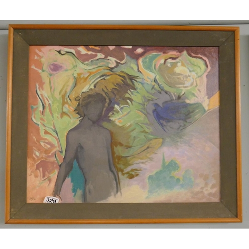 329 - Anthony Baynes Oil on canvas abstract scene with figure - Approx IS: 55cm x 45cm