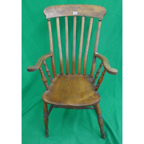 357 - Antique elm seated slatback kitchen armchair