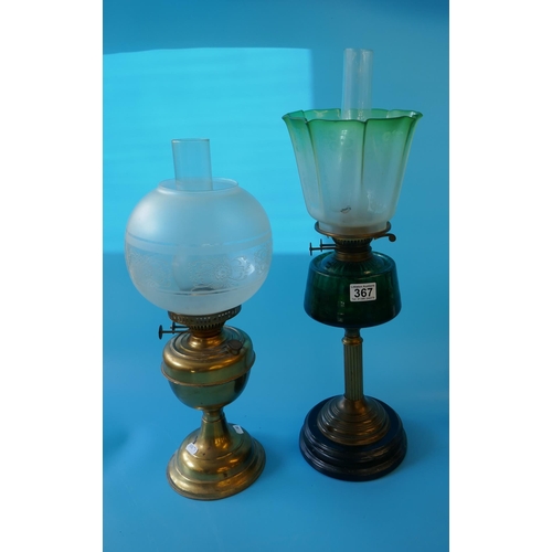 367 - Green glass oil lamp and another