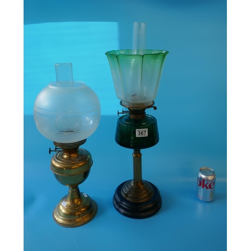 367 - Green glass oil lamp and another