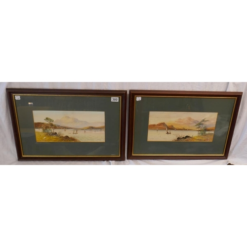 380 - Pair of watercolours - Lake scenes by W Heard - Approx IS: 38cm x 19cm