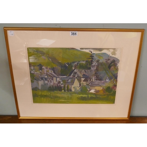 384 - Oil painting - Welsh village scene - Approx IS: 49cm x 35cm