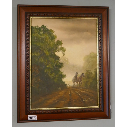 385 - Oil on canvas - 2 walking horses by Robert Ixer - Approx IS: 29cm x 40cm