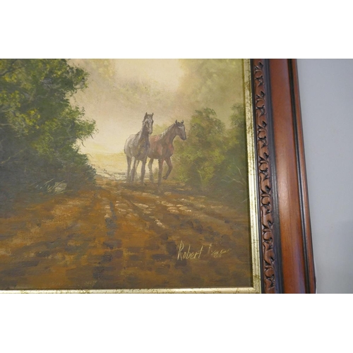 385 - Oil on canvas - 2 walking horses by Robert Ixer - Approx IS: 29cm x 40cm