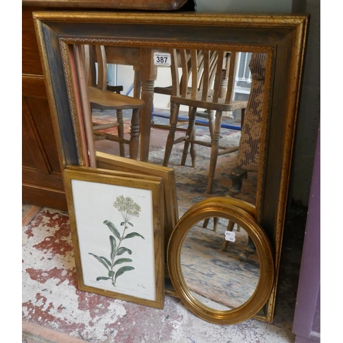 387 - Large wall mirror together with smaller mirror & 2 framed botanical prints