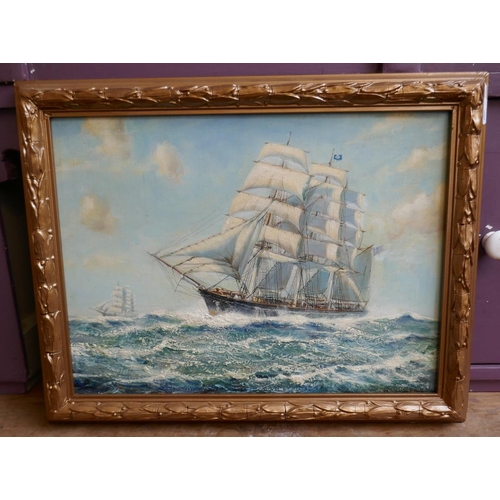 390 - Oil on board nautical theme by Arthur Bradbury - Cutty Sark' and Thermopylae - Approx IS: 39cm x 29c... 