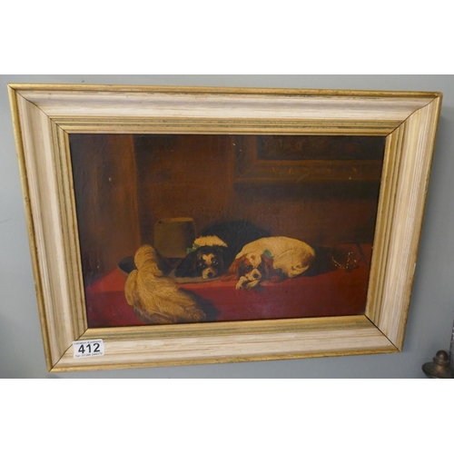 412 - Oil on canvas - 2 Dogs Resting - In the manner of Sir Edwin Landseer - Approx IS: 37cm x 24cm