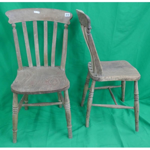 419 - 4 Antique elm seated farmhouse dining chairs