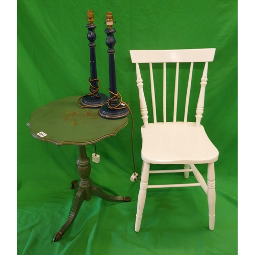 441 - Painted and stencilled table together with pair of lamps & chair