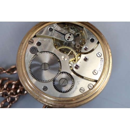 62 - Pocket watch in yellow metal Dennison Star case with a 9ct gold chain (approx weight of chain 29g)