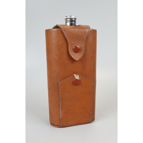 75 - Flask in pig skin case with 4 cups