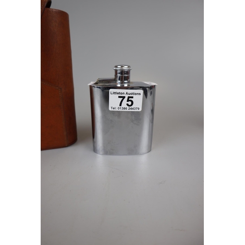 75 - Flask in pig skin case with 4 cups