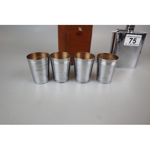 75 - Flask in pig skin case with 4 cups