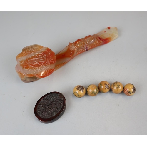 77 - Carved tortoise shell pendant, glass sceptre and 5 Ojime beads, some signed