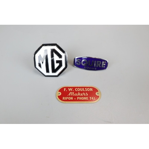 85 - Original MG enamel radiator badge, Squire sidecars enamel badge and Coulson Ripon fairground plaque