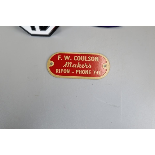 85 - Original MG enamel radiator badge, Squire sidecars enamel badge and Coulson Ripon fairground plaque