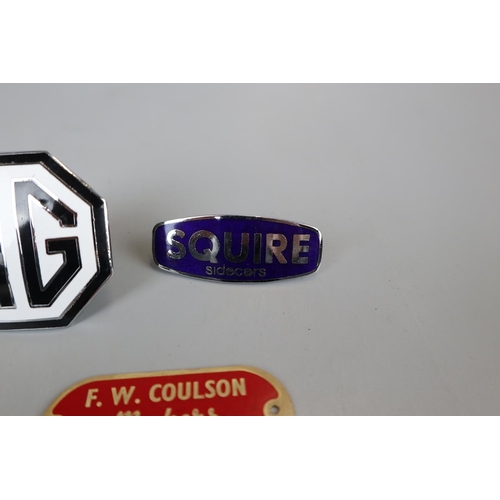 85 - Original MG enamel radiator badge, Squire sidecars enamel badge and Coulson Ripon fairground plaque