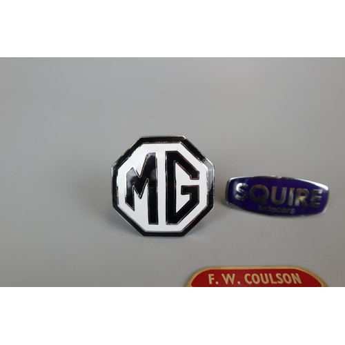 85 - Original MG enamel radiator badge, Squire sidecars enamel badge and Coulson Ripon fairground plaque