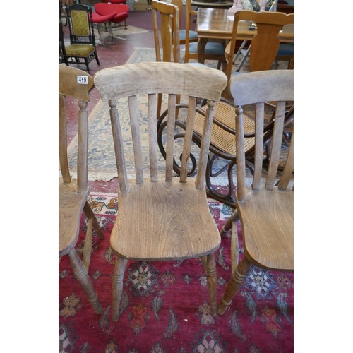 419 - 4 Antique elm seated farmhouse dining chairs