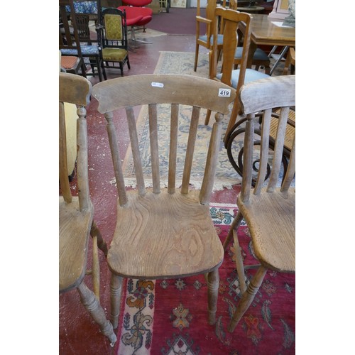 419 - 4 Antique elm seated farmhouse dining chairs