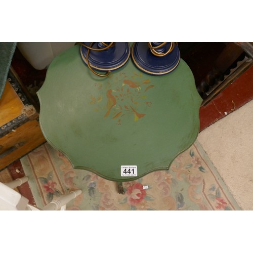 441 - Painted and stencilled table together with pair of lamps & chair