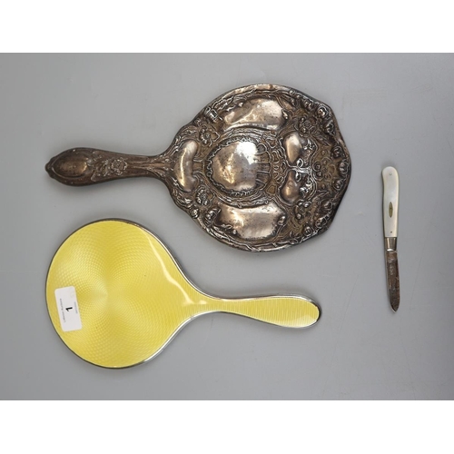 1 - Two hallmarked silver mirrors and a silver bladed fruit knife