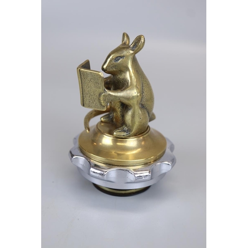 187 - Brass mouse reading book mascot radiator cap 