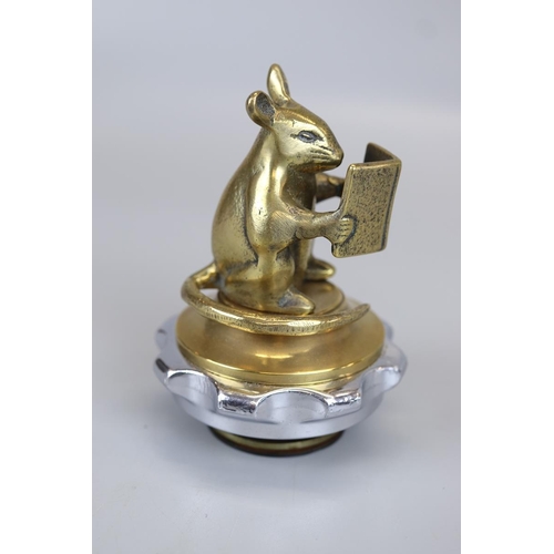 187 - Brass mouse reading book mascot radiator cap 