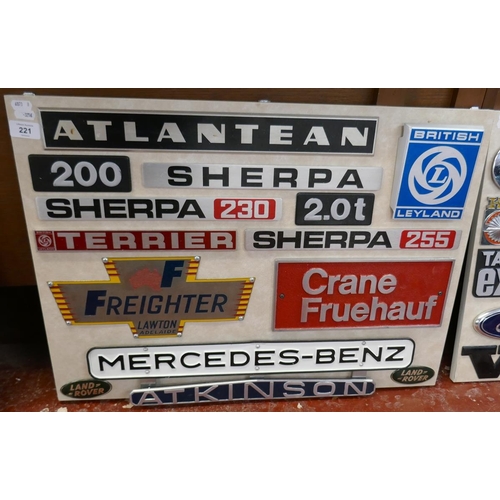 221 - Collection of badges to include Mercedes-Benz, Atkinson, Freighter Lawton of Adelaide