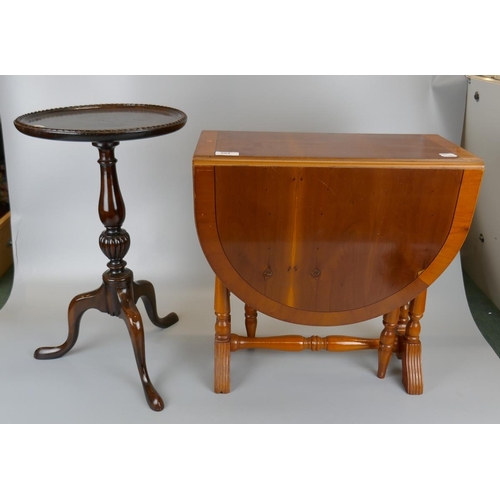 254 - Mahogany wine table together with yew wood drop leaf coffee table