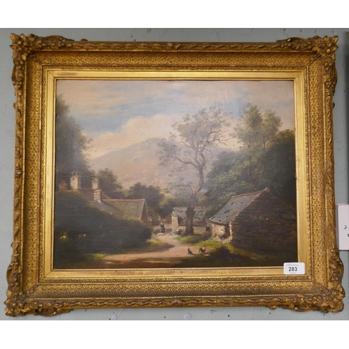 283 - Oil on board in original guilt frame- Pandy Mill Cottages- Bettws-Y-Coed by B Hubbard 1862 - Approx ... 