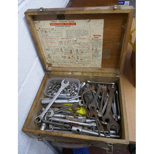 346 - Wooden case containing spanners sockets etc