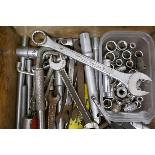 346 - Wooden case containing spanners sockets etc