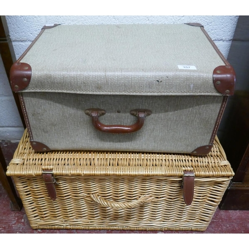 357 - Wicker picnic basket and leather bound suitcase