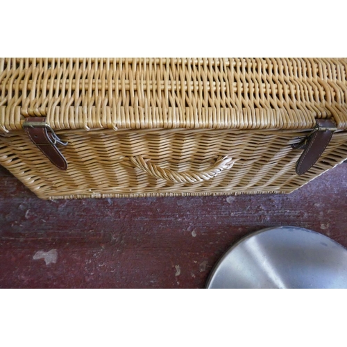 357 - Wicker picnic basket and leather bound suitcase