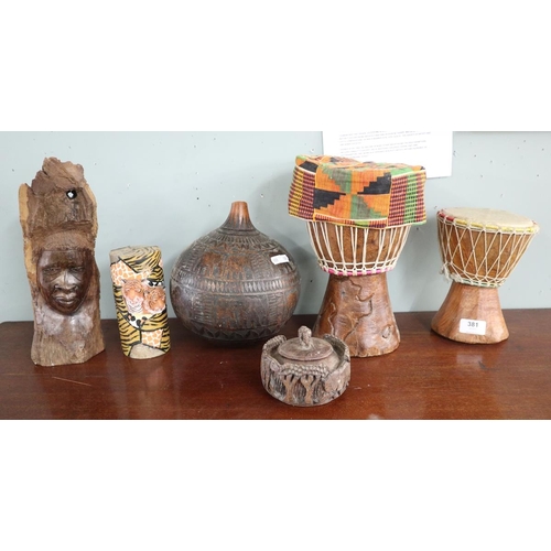 381 - Collection of tribal items to include bongo drums