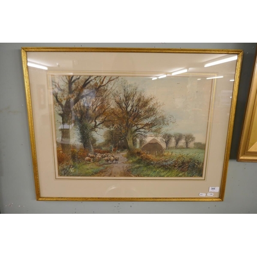 385 - Watercolour - Shepherd and sheep by Henry C Fox - Approx image size: 55cm x 37cm