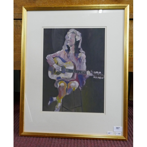 387 - Oil on paper - Lady guitarist - Approx image size: 28cm x 38cm