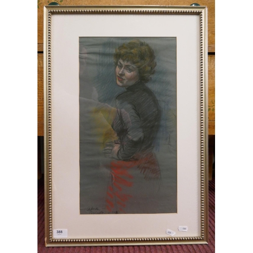 388 - Watercolour - Standing lady in red skirt by Michael Lawrence Cadman - Approx image size: 26cm x 47cm