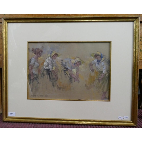 390 - Watercolour - Study of girls in field by Michael Lawrence Cadman - Approx image size: 42cm x 30cm