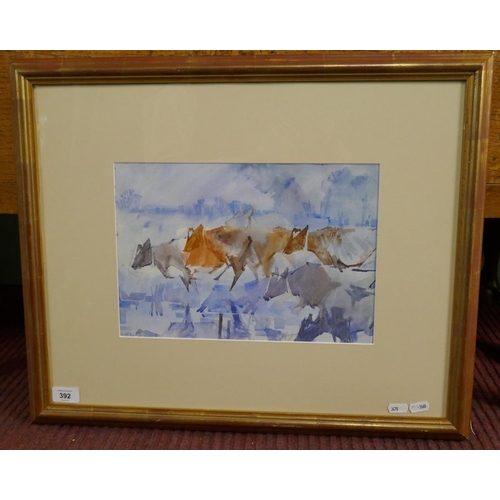 392 - Watercolour - Cattle by Michael Lawrence Cadman - Approx image size: 33cm x 23cm