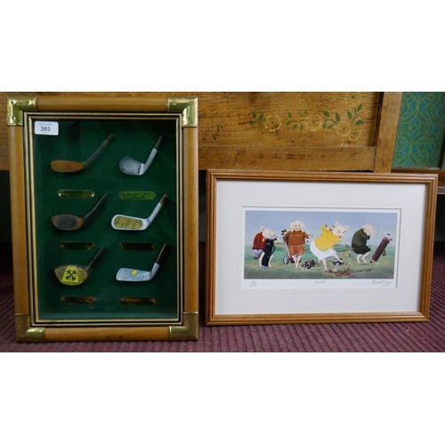 393 - Golf themed diarama together with L/E signed pig print